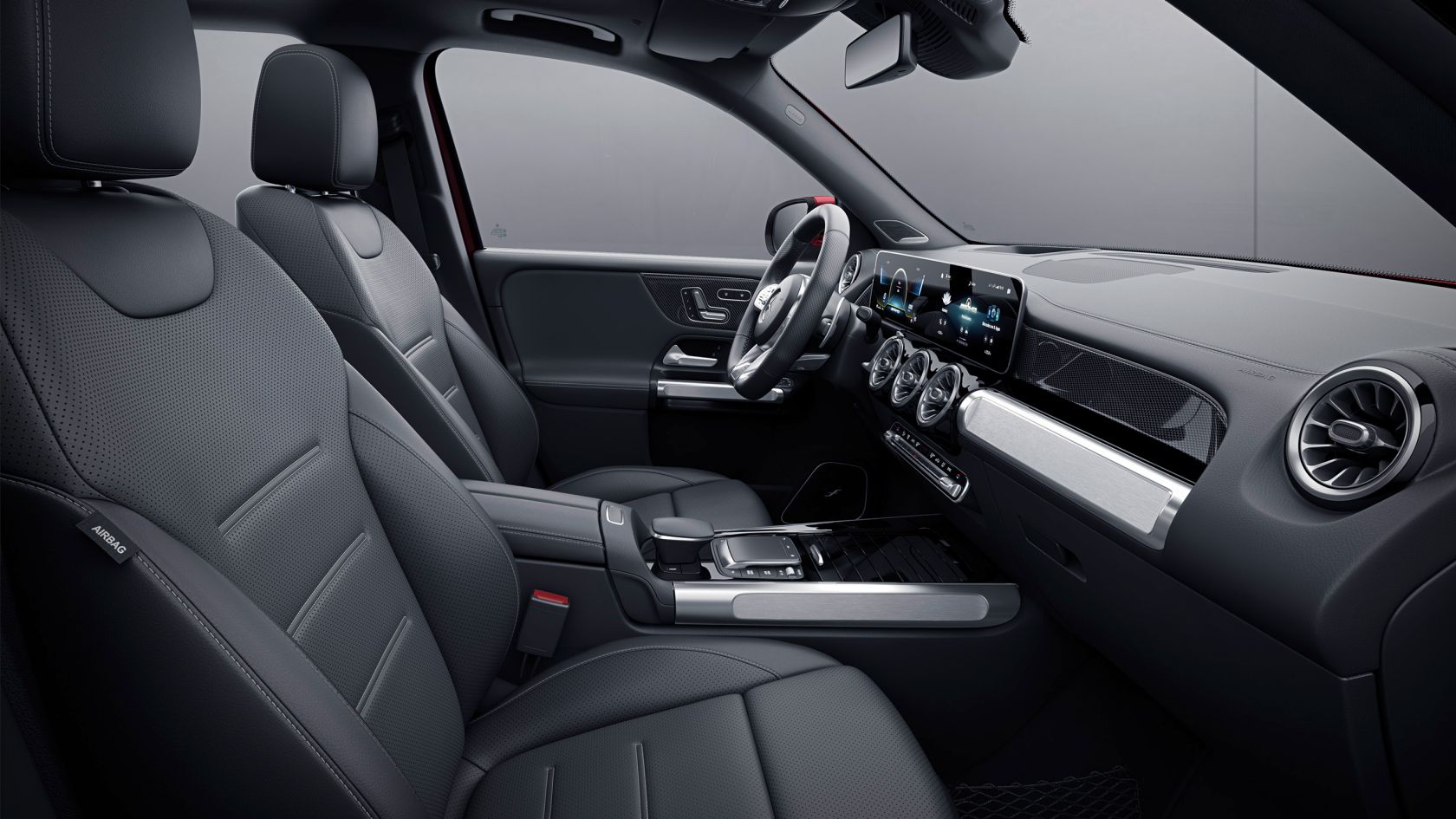 Na obrázku jsou sportovní sedadla modelu Mercedes-AMG GLB 35 4MATIC. 